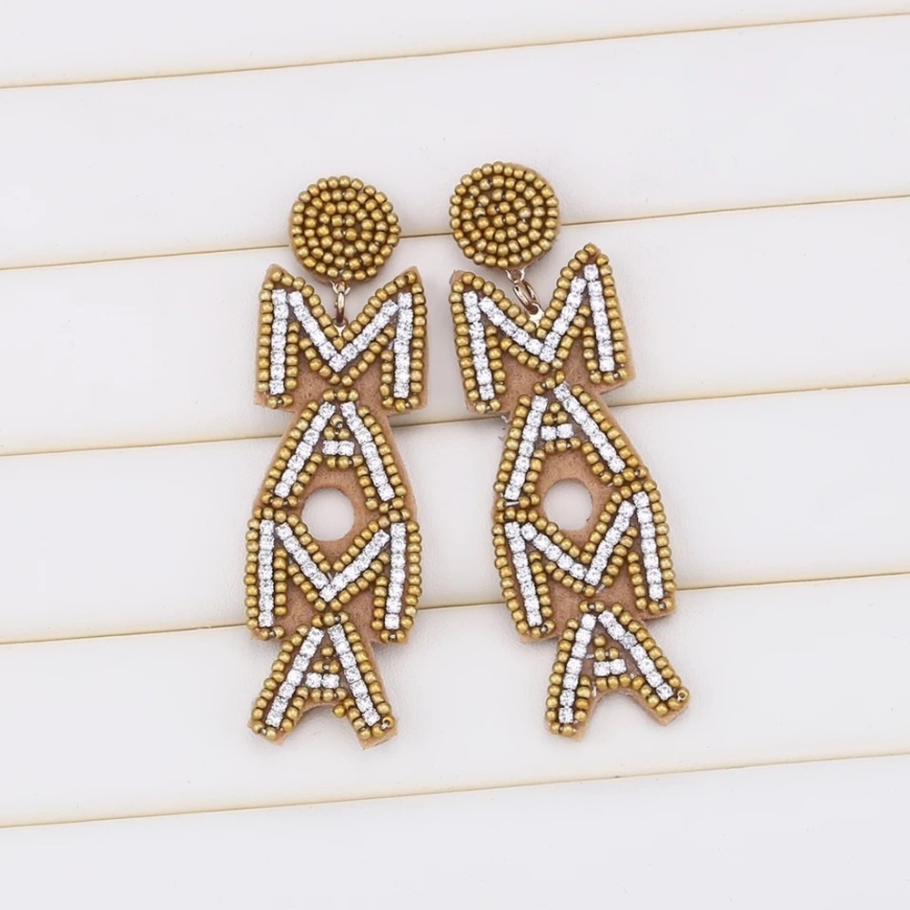 Boutique Beaded MAMA‎ Drop Earrings Gold White Statement Jewelry New